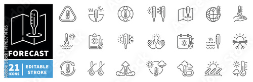 Weather forecast icons set. editable line icons, temperature and climate symbols