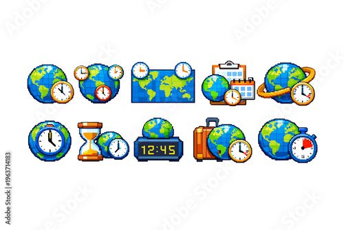 Pixel art icons depicting global time and travel concepts with clocks and globes