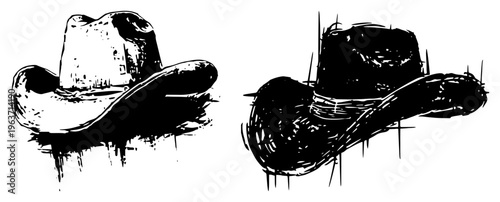Two vintage cowboy hats shown in different black stencil and silhouette styles