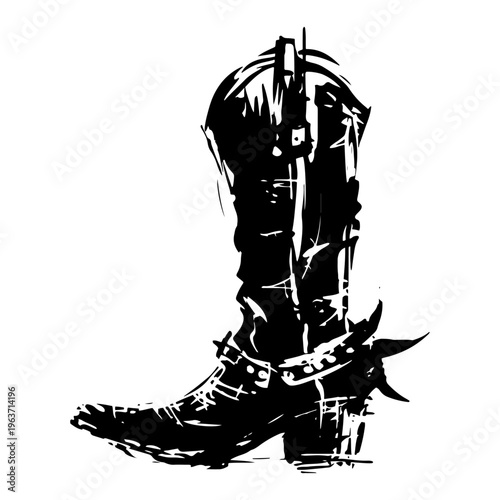 Grungy black and white vector illustration of a classic cowboy boot with metal spurs