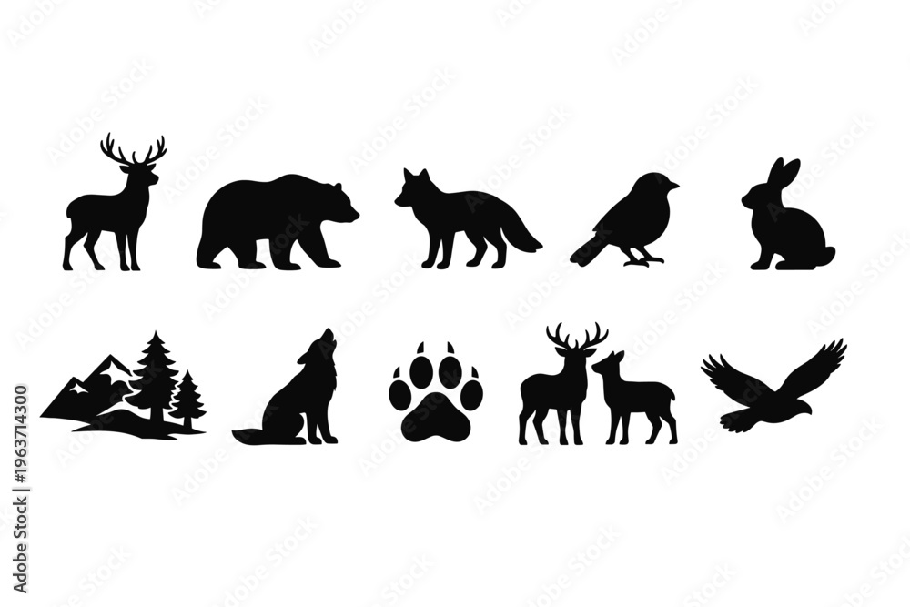 Fototapeta premium Collection of diverse wildlife silhouettes including forest animals and birds