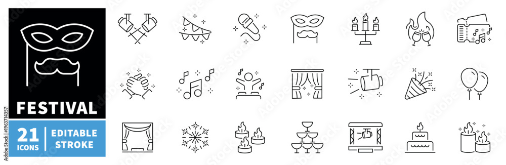 Fototapeta premium Festival and celebration icons set. editable line icons, linear party symbols