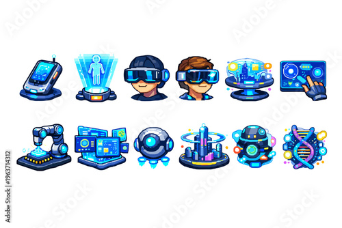 Pixel art collection of futuristic technology and science icons