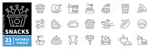 Snacks icons set. editable line icons, outline style, food and fast food symbols