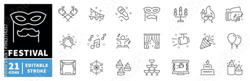 Festival and celebration icons set. editable line icons, linear party symbols