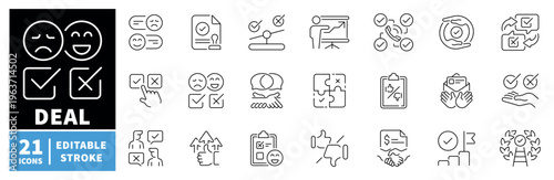 Deal negotiation icons set. editable line style, contract, agreement graphics