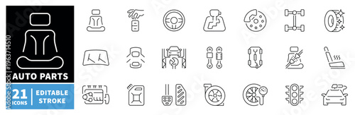 Auto parts icons set. editable line icons, linear, car components, vehicle symbols
