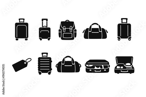 Stylish luggage and travel bag icons in black silhouette style