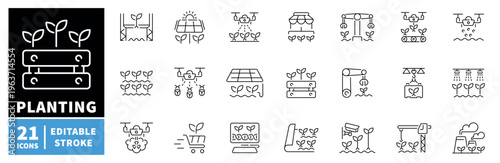 Gardening icons set. editable line icons, outline, plant and growth symbols