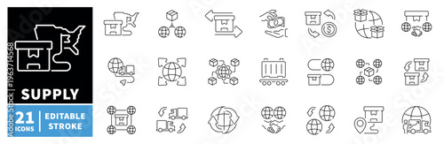 Supply chain icons set. editable line icons for delivery and logistics projects