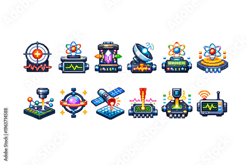Collection of pixel art icons representing futuristic science and technology concepts