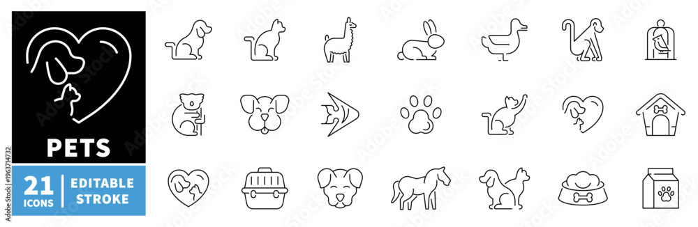 Obraz premium Pets icons set. editable line icons, outline, animal and domestic companion symbols