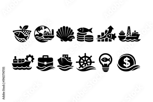 Collection of marine and business icons representing industry and finance
