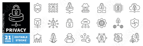 Privacy and security icons set. editable line icons, outline, protection symbols