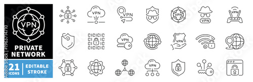 Virtual private network icons set. editable line icons, data security, privacy symbols
