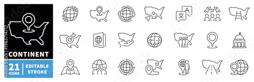 Continent icons set. editable line icons, linear, geographic, map symbols