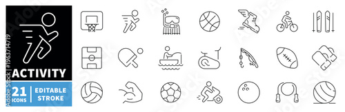 Activity icons set. editable line icons, outline sports and fitness symbols