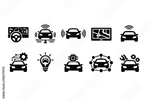 Collection of icons representing autonomous driving and smart car technology features