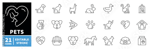 Pets icons set. editable line icons, outline, animal and domestic companion symbols