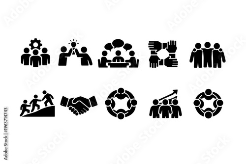 Collection of business and teamwork icons representing collaboration and success