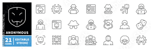 Anonymous and hacker icons set. editable line icons for cybersecurity and privacy