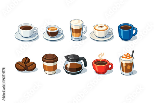 Collection of various coffee drinks and beans, presented in a clean, modern illustration style