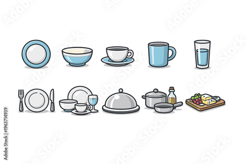 Collection of kitchenware and tableware icons for culinary themes
