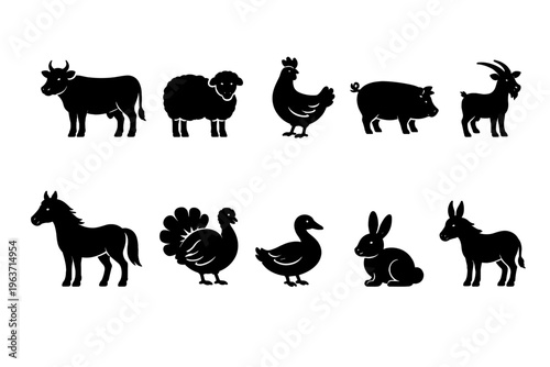 Collection of farm animal silhouettes including cow, sheep, chicken, pig, goat, horse, turkey, duck, rabbit, and donkey