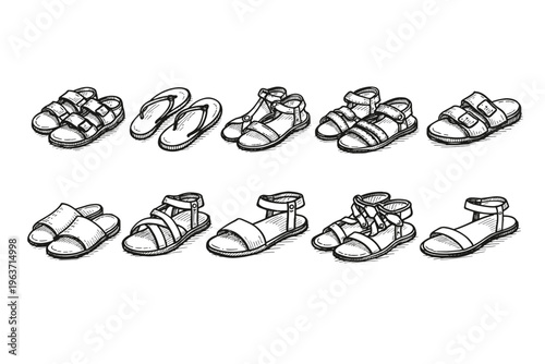 Collection of hand-drawn summer footwear including sandals and flip-flops