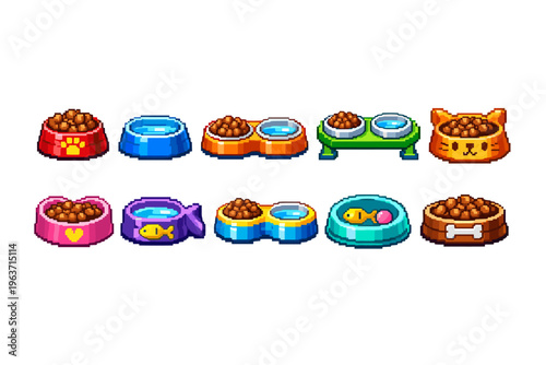 Collection of pixel art pet bowls filled with food and water
