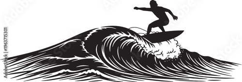 Dynamic Black Silhouette of a Surfer Riding a Powerful Ocean Wave, Capturing the Thrill of Extreme Water Sports