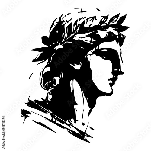 Artistic classical greek statue head silhouette wearing a laurel wreath crown