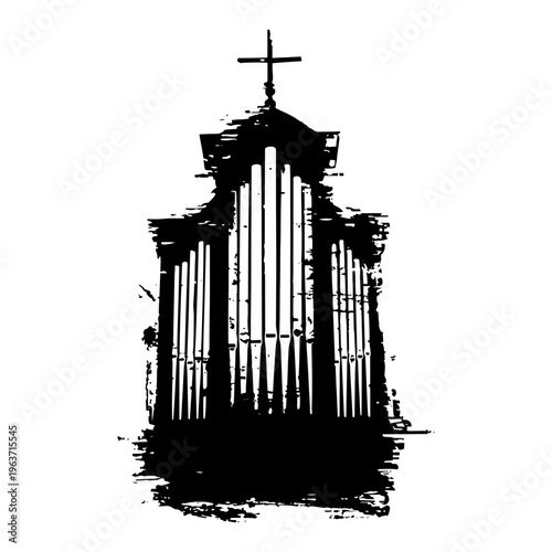 Stylized ink drawing of a church pipe organ featuring a cross