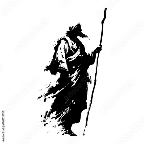 Stylized black ink sketch of a wandering monk carrying a wooden staff