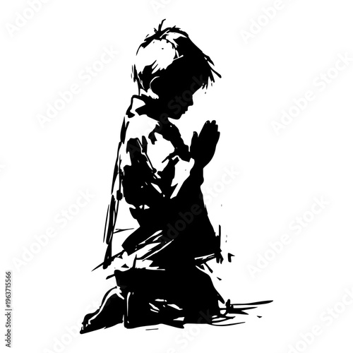 Artistic black ink illustration of a small child kneeling in prayer