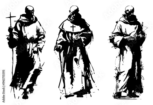 Collection of three traditional monks in robes shown in a gritty ink sketch style