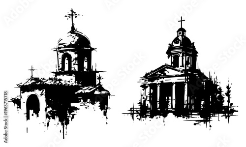 Detailed sketches of old church buildings with domes in distressed black ink style