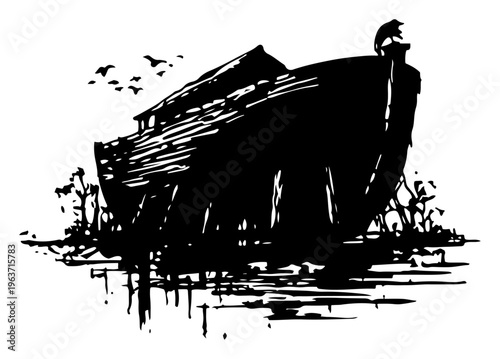 Artistic Noahs Ark wooden boat silhouette in distressed black ink style