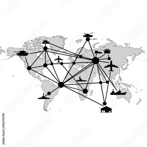 Global network illustration with interconnected military vehicles, aircraft, and ships across a world map.