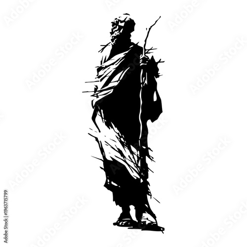 Biblical prophet or saint figure silhouette holding a staff in distressed ink style