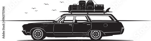 Vintage station wagon loaded with luggage and surfboards ready for a road trip.