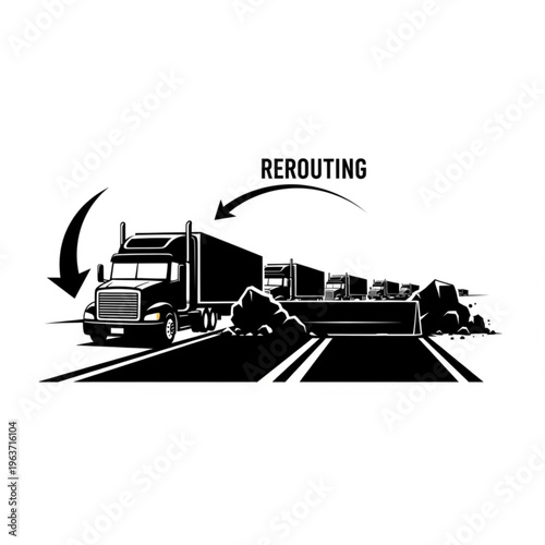 Black silhouette illustration of semi-trucks rerouting around obstacles on a highway, symbolizing logistics and traffic management.