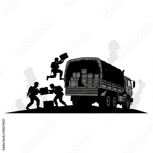 Black silhouette illustration of soldiers loading boxes onto a military truck, depicting logistics, supply, and armed forces operations.