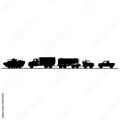 Black silhouette illustration of a military convoy including an armored vehicle, fuel tanker, and trucks, representing defense and transport.