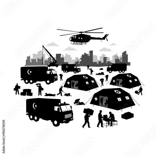 Aid workers and medical tents set up in a city, with helicopters and trucks delivering supplies during a crisis.
