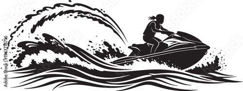 Dynamic Silhouette of a Person Riding a Jet Ski Through Waves