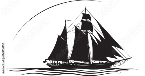 Majestic Silhouette of a Three-Masted Sailing Ship on Wavy Water