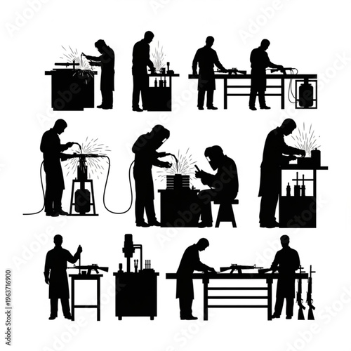 Silhouette of skilled workers welding and assembling firearms in a workshop, showcasing industrial craftsmanship and precision.