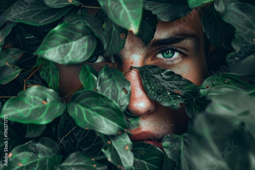 Mysterious young man with intense green eyes hiding behind vibrant green leaves, creating a sense of intrigue and connection with nature