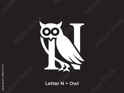 Elegant owl and letter N logo design, a fusion of nature and typography providing a modern aesthetic